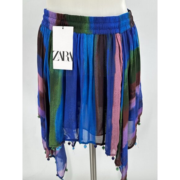 NWT ZARA Skirt Beaded Boho Elastic Waist Flowing Blue Festival Scarf Hem Small - Picture 7 of 8